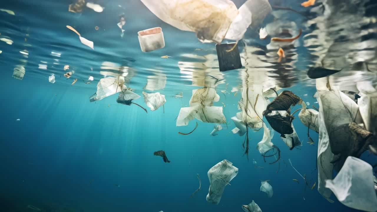 Underwater video shot captures floating plastic pollution, highlighting environmental issues