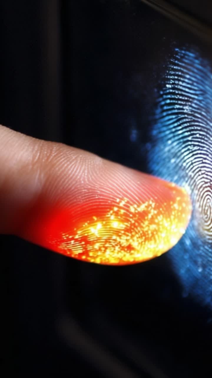 Un'esplorazione ravvicinata di uno scanner di impronte digitali illuminato con motivi di luce colorati, che mostra i dettagli intricati della tecnologia di sicurezza biometrica.