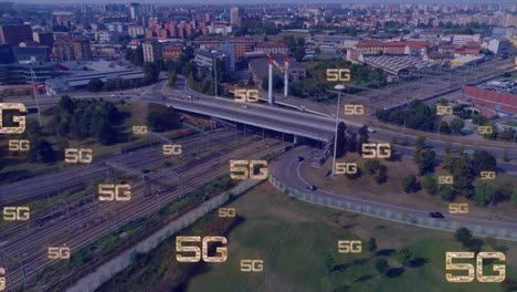 animation of network of 5g text over cityscape