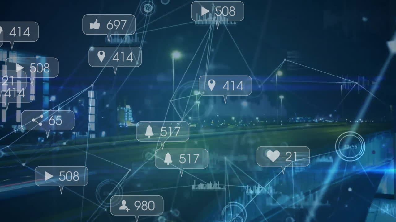 이동하는 차량의 시간 경과에 따라 알림 바, 연결된 점, 그래프 아이콘의 애니메이션