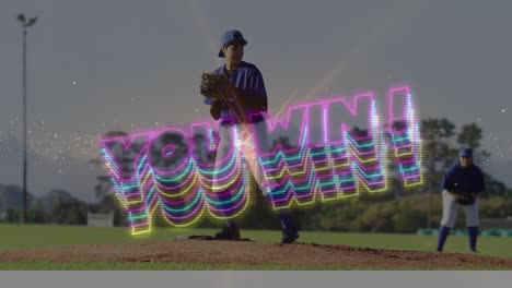 animación de usted ganar texto sobre jugadores de béisbol biracial jugando
