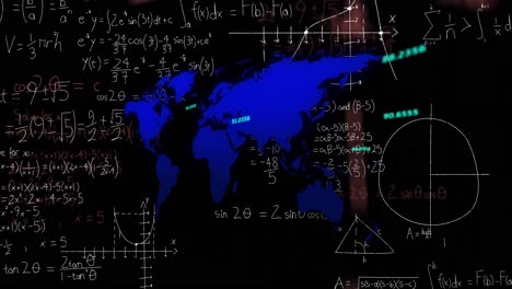 Animation-of-mathematical-equations-over-world-map-on-black-background