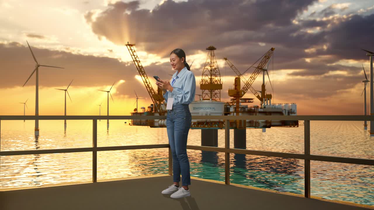 아시아 여성 직업 노동자가 휴대전화와 함께 서있는 전체 신체 측면 뷰, 해상 수소 생산, 첨단 산업 시설, 휴대전화로 지속적으로 작업