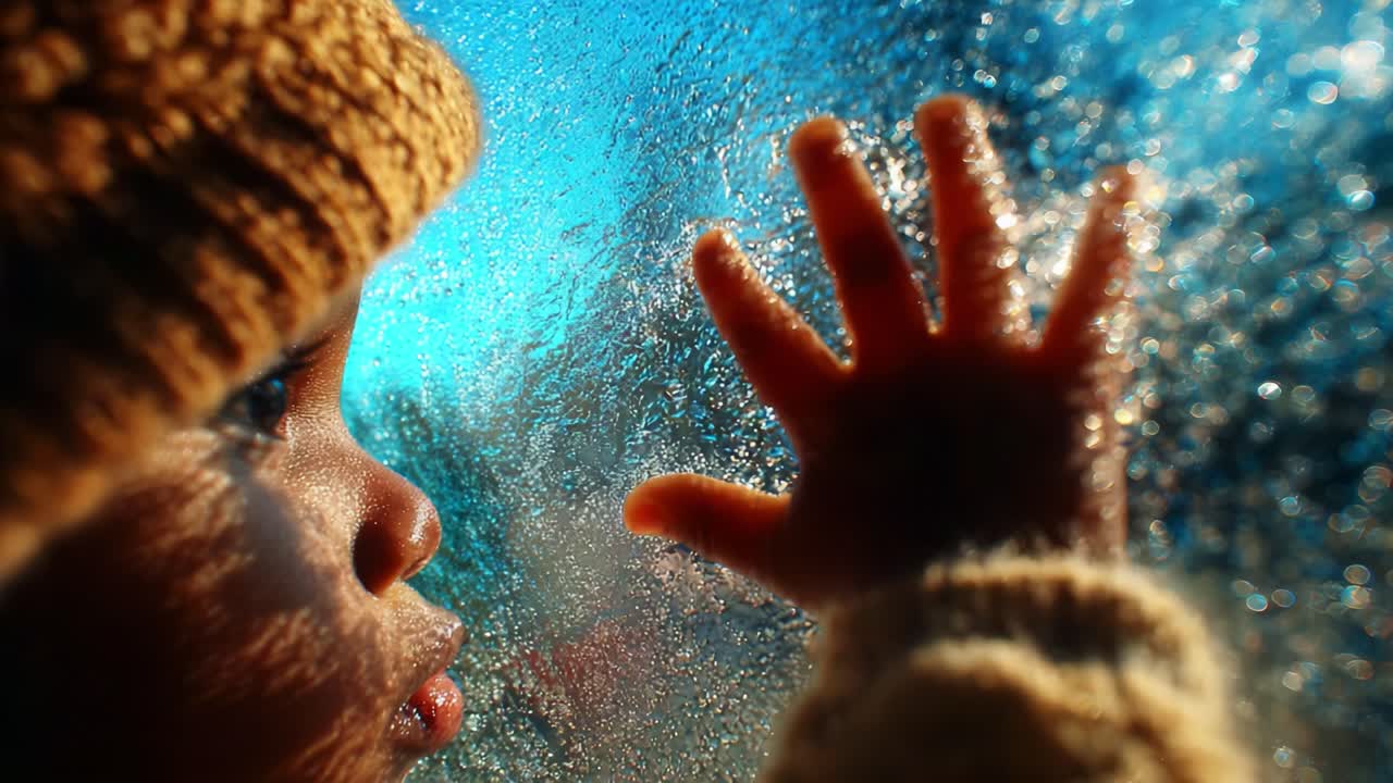 A Child's Innocent Wonder: Capturing the Heartfelt Moment of a Baby Gazing through Frosted Glass, Reflecting Curiosity and Hope in a Beautiful Winter Scene