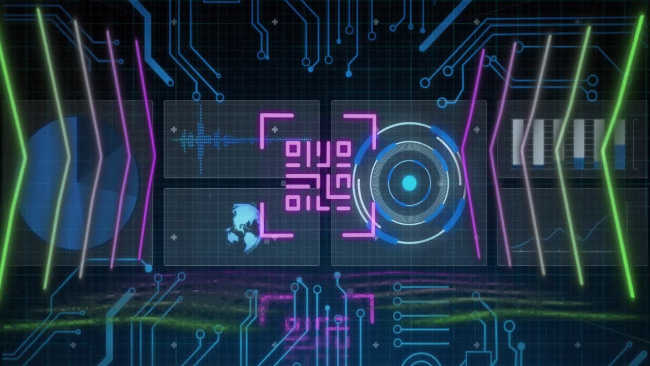 Animation of qr code and computer circuit board over data processing on black background