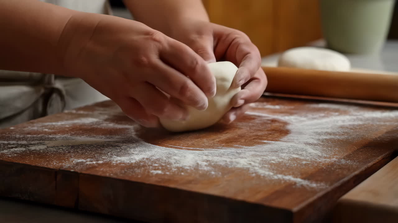 Hands Kneading Dough on a Floured Wooden Board