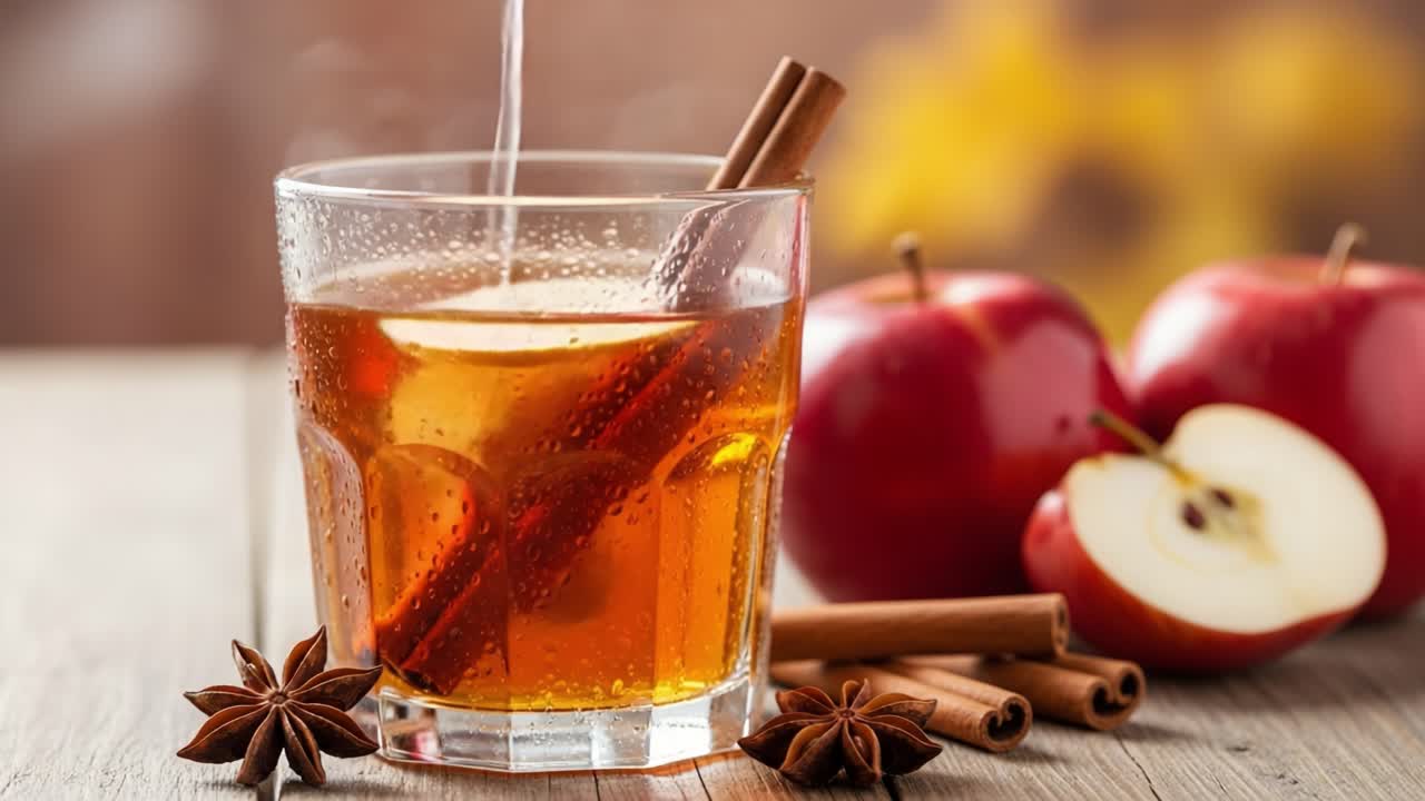 A Warm and Inviting Glass of Apple Cinnamon Drink with Spices, Perfect for Cozy Moments, Evoking Comforting Autumn Flavors and Aromas