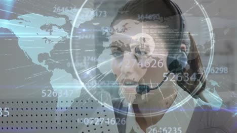 Animation-of-data-processing-and-world-map-over-businesswoman-wearing-phone-headset