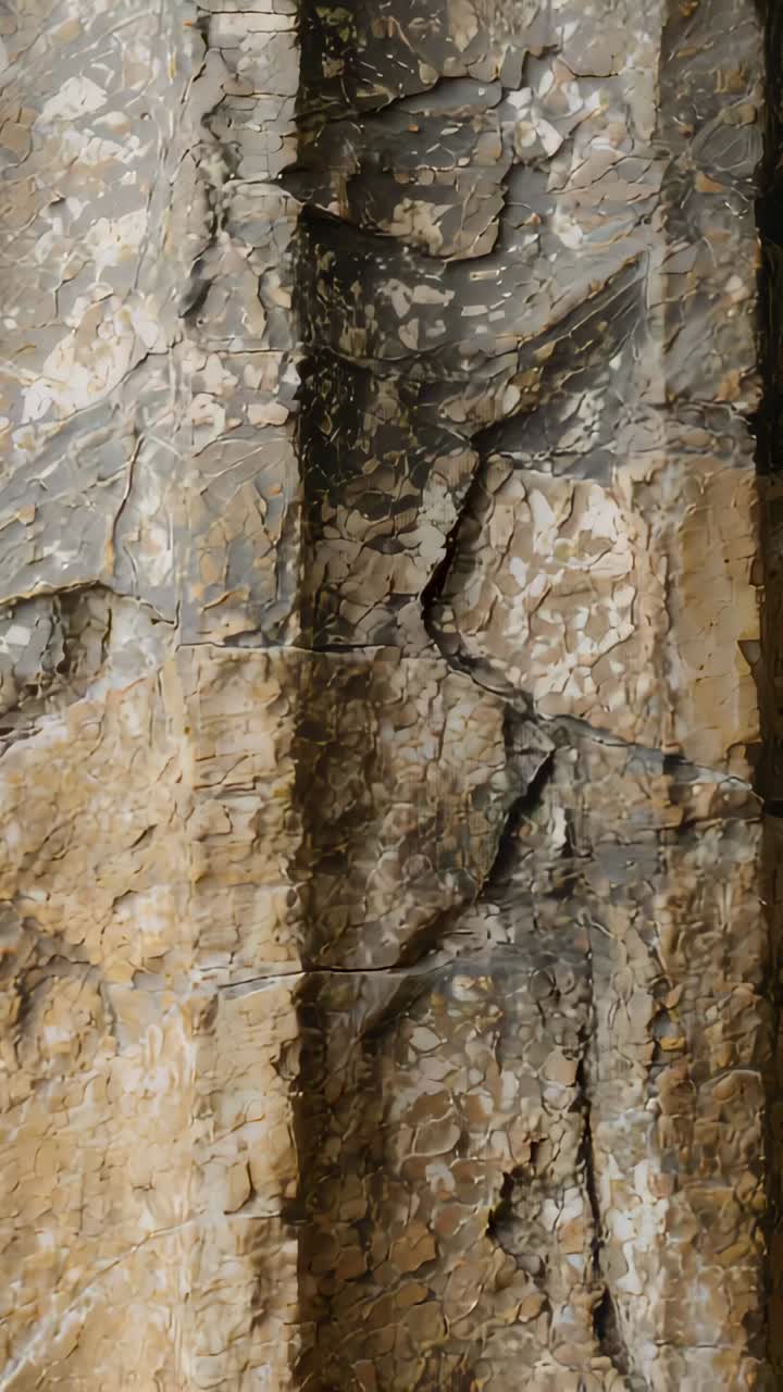 Vertical video: Panning camera over vertical rock in close-up, revealing fissure, cracks, minerals