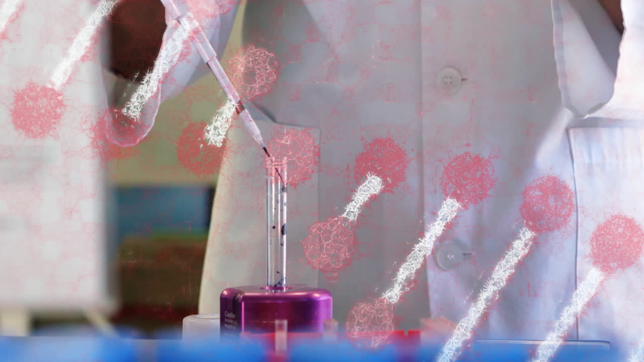 Scientist in lab coat using pipette with molecular structure animation overlay