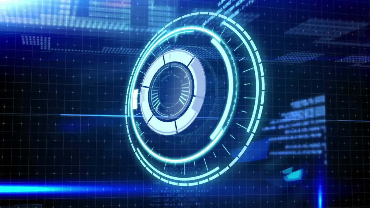 Animation of scope scanning over light spots and trails with data processing on blue background