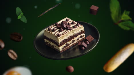 Tiramisú-Con-Chispas-De-Chocolate-Introducción-De-Animación-De-Postre-Para-Publicidad-O-Marketing-En-Fondo-Verde-Para-Restaurantes-Con-Los-Ingredientes-Del-Postre-Volando-En-El-Aire---Agregar-Precio-O-Venta