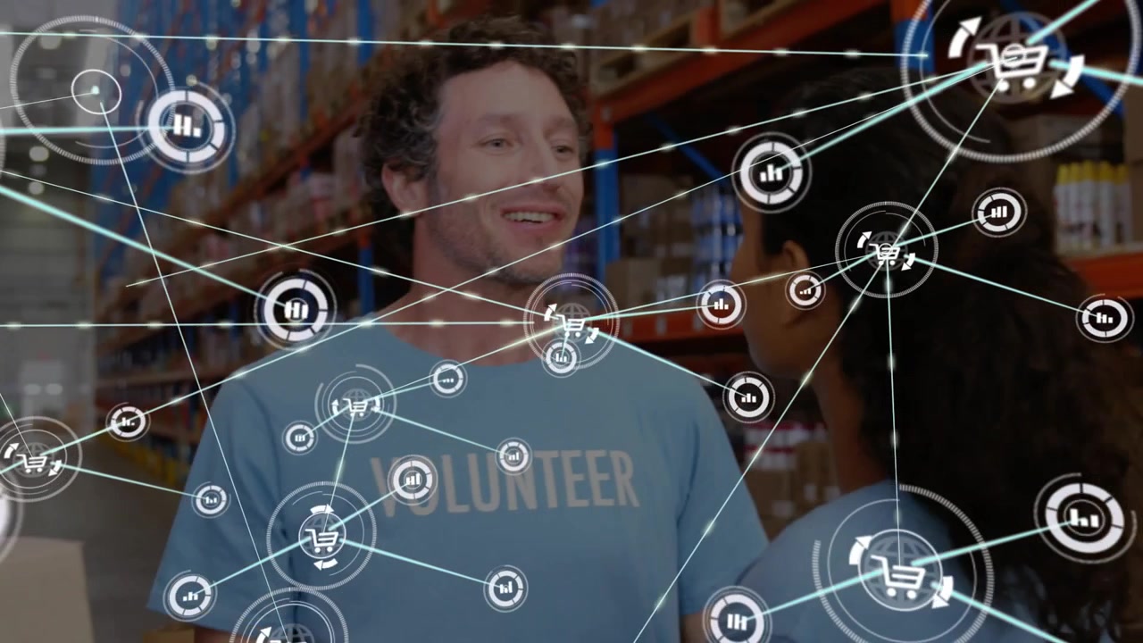 Vertical video: Volunteers hugging, parting in aisle, hug sparking cart,chart network for retail
