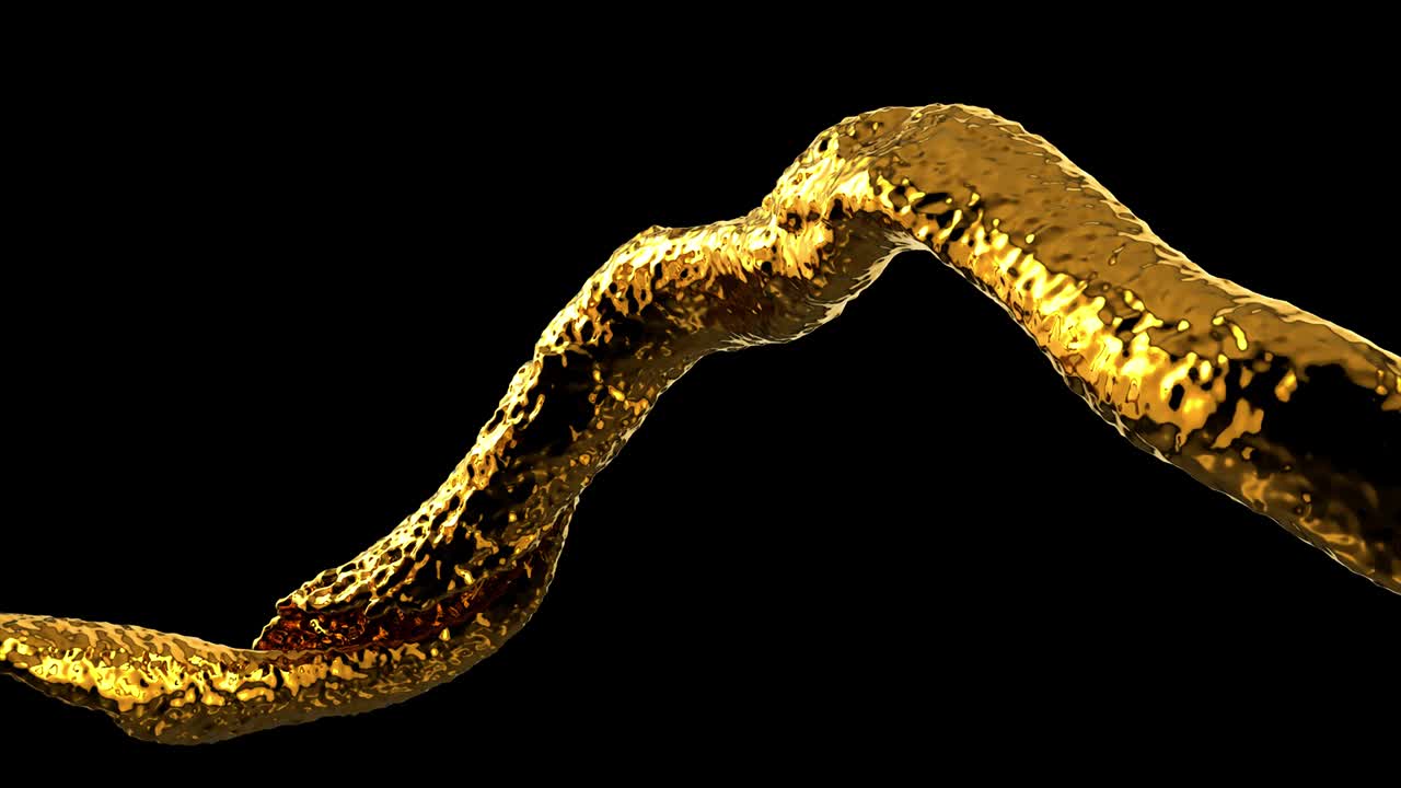 Golden liquid stream 3d realistic footage. Spilling orange fluid isolated on black background. Oil splatters, honey, beer, whiskey splashes close up