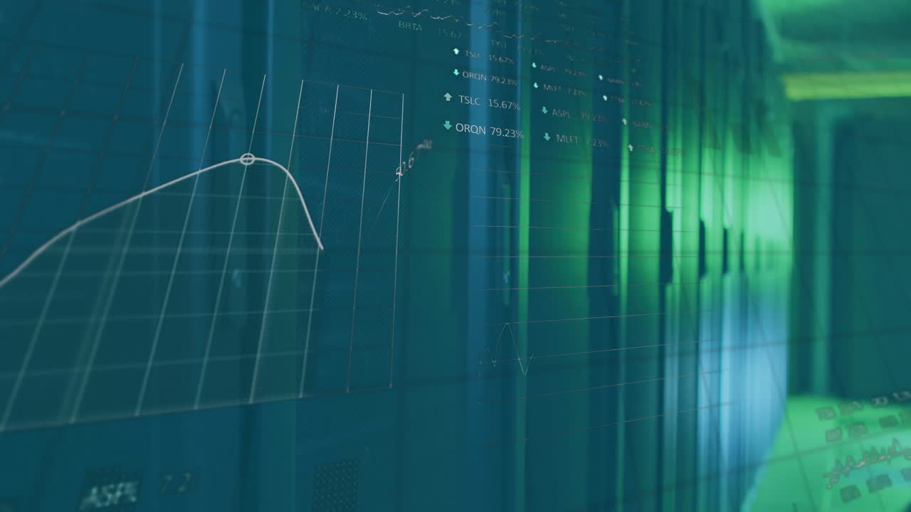 Animation of financial data processing over server room