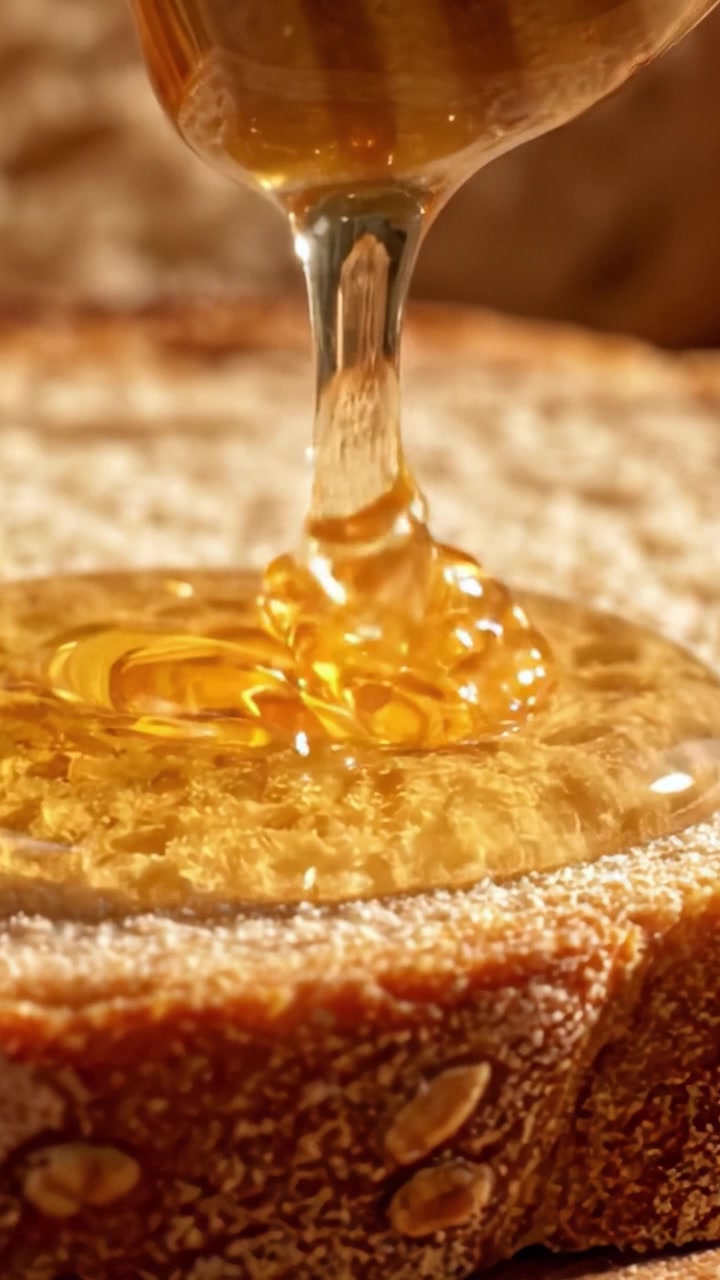 Close-Up de Delicioso Mel Escorrendo Sobre Pão Recém-Torrado, Exibindo a Viscosidade Dourada e a Rica Textura do Mel em um Cenário Acolhedor