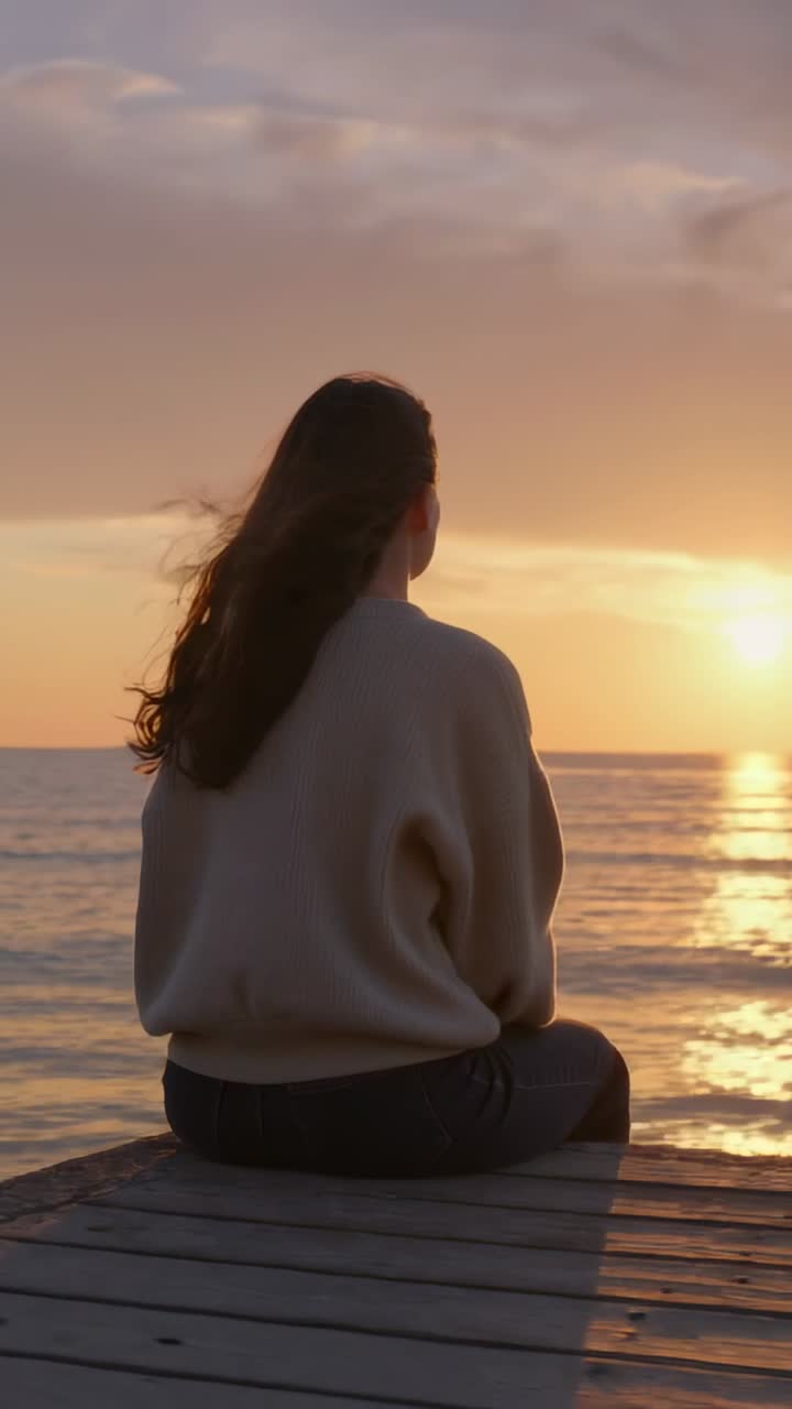 Video vertical: Mujer sentada con suéter y pantalones observando el atardecer sobre el océano en un muelle, reflejándose.