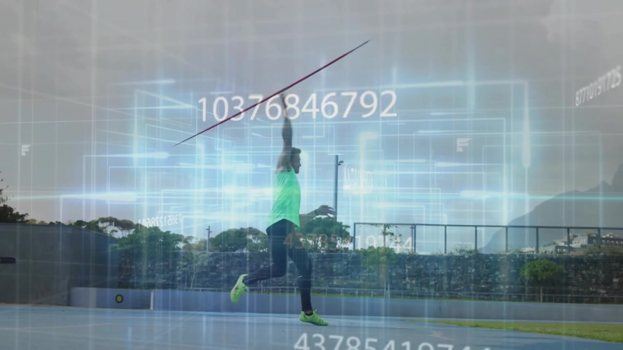 As digital grid animating and metrics updating, athlete launching javelin after approach