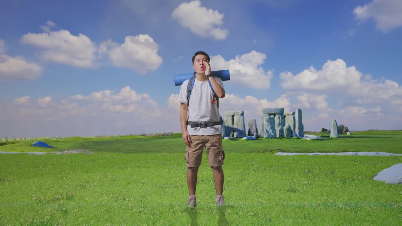 Full Body Of Asian Male Hiker With Mountaineering Backpack Screaming Holding Hands Near His Mouth While Traveling In Stonehenge