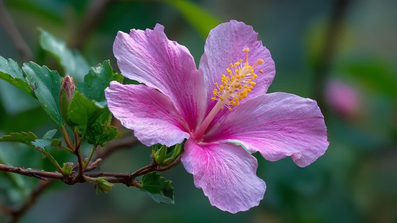 Bellissimo fiore di ibisco rosa in piena fioritura che mostra i suoi delicati petali e lo stame giallo vibrante circondato da fogliame verde, catturato in un sereno ambiente naturale