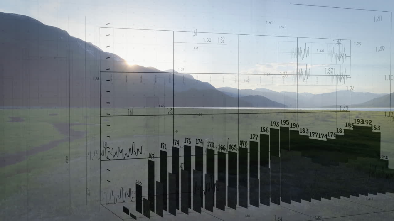 Animation of bar chart and data overlaying serene mountain landscape at sunrise