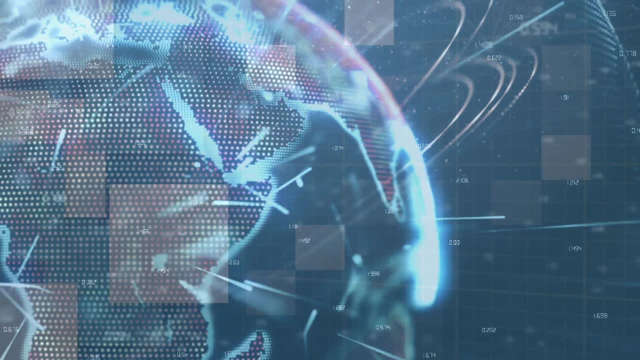 animación de cuadrados, conexiones y globo giratorio en espacio azul