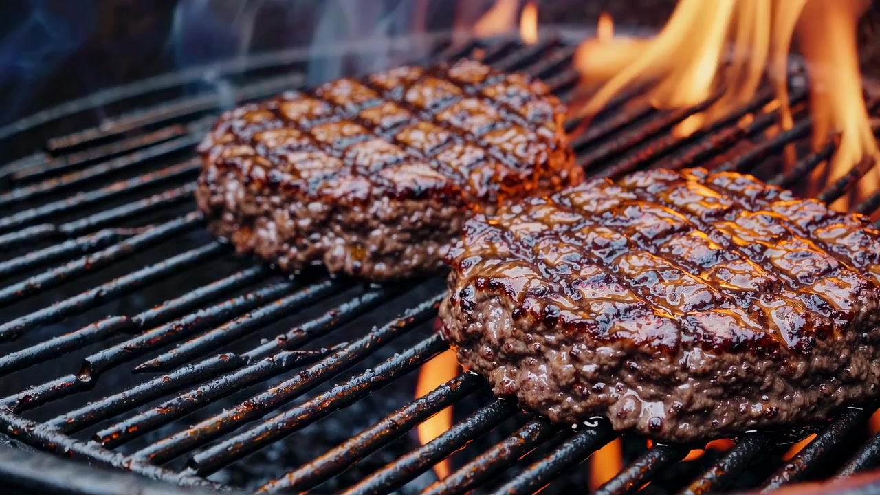 Due polpette di hamburger di manzo che grigliano su fiamme vive
