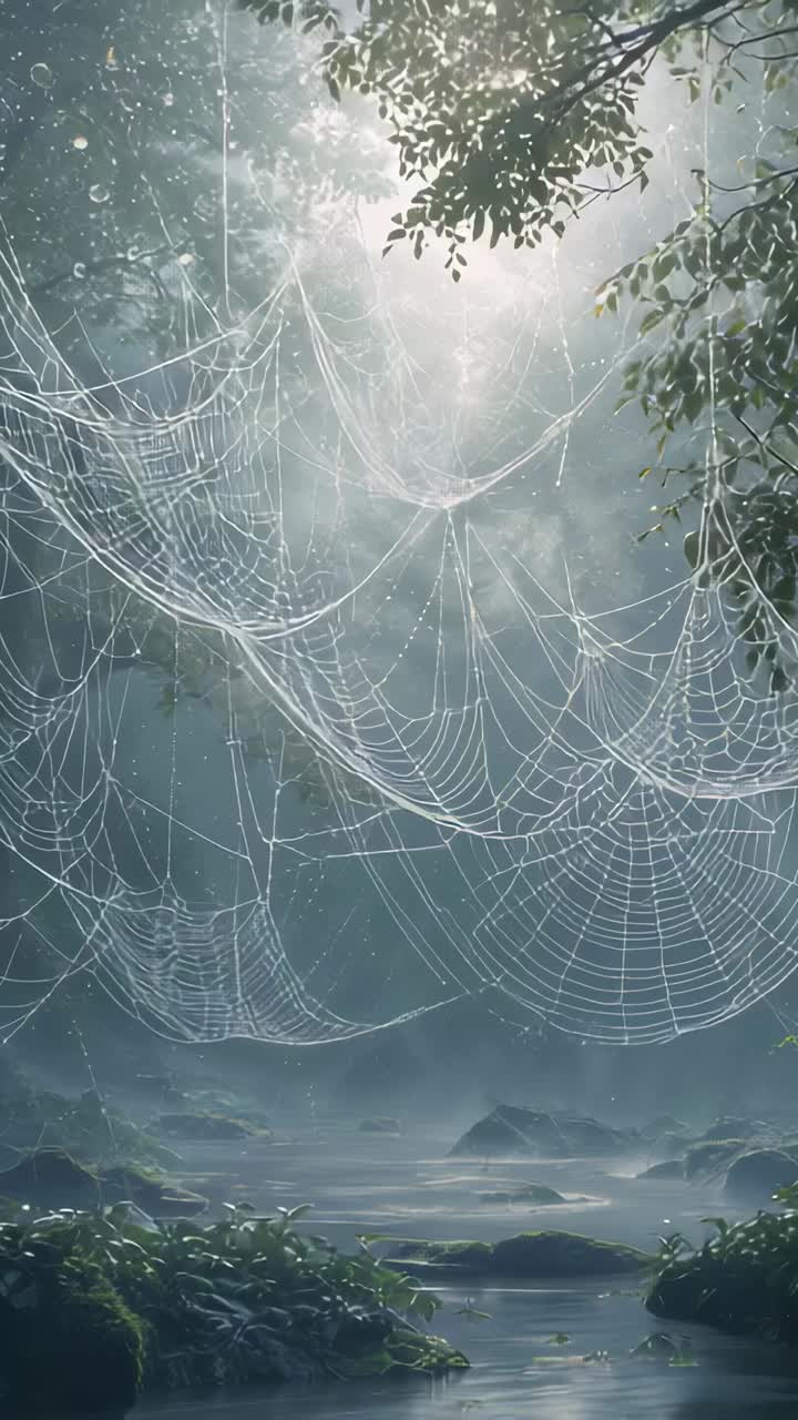 Vertikales Video: Wechselndes Sonnenlicht bringt Spinnennetze dazu, über einem moosbewachsenen Bach auf einer Waldlichtung zu schimmern