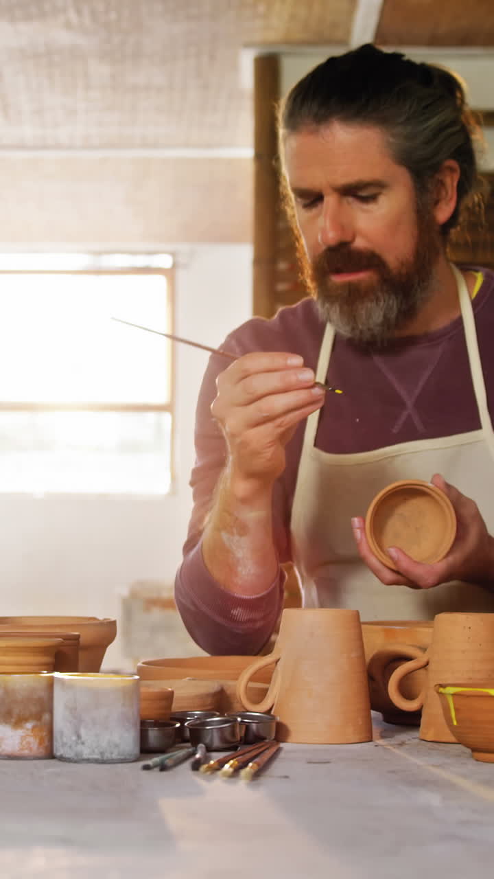 Male and female potter painting pots