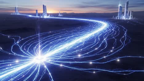 a stunning visual journey through an illuminated urban landscape at dusk, showcasing an electric river of light flowing through the city to the horizon