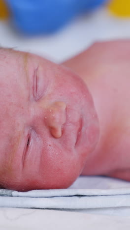 tiny cute caucasian newborn with red hair. just born baby slightly opening its eyes. close up. vertical video