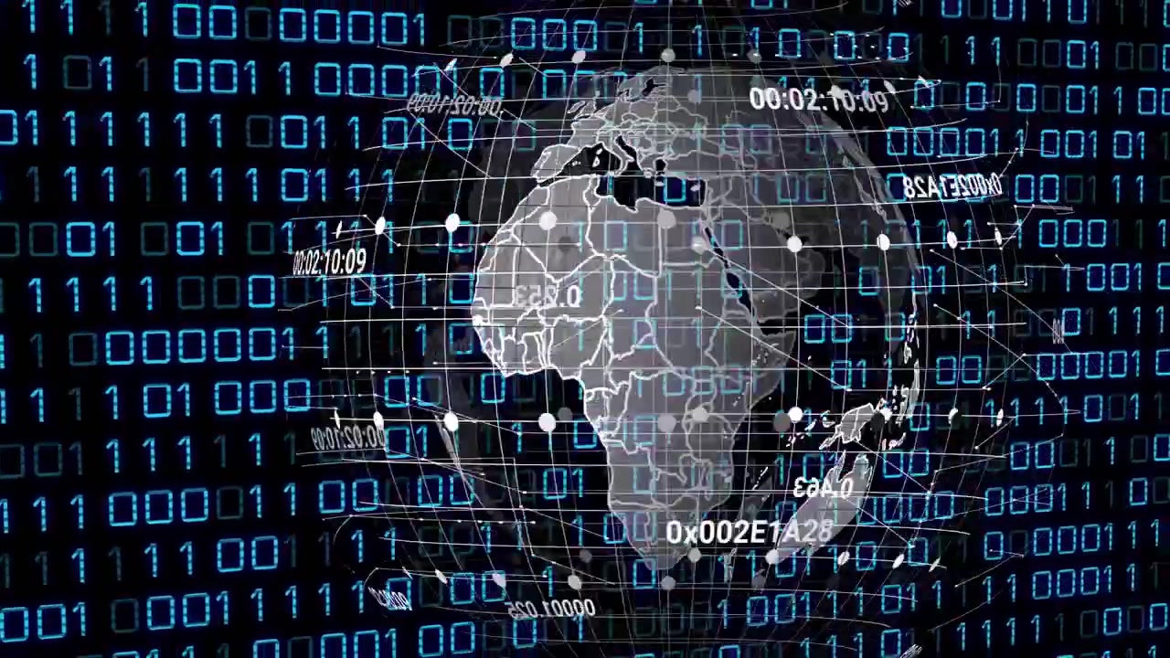 Streaming binary initiating 3D globe rotating, nodes pulsing and codes shifting visualizing data