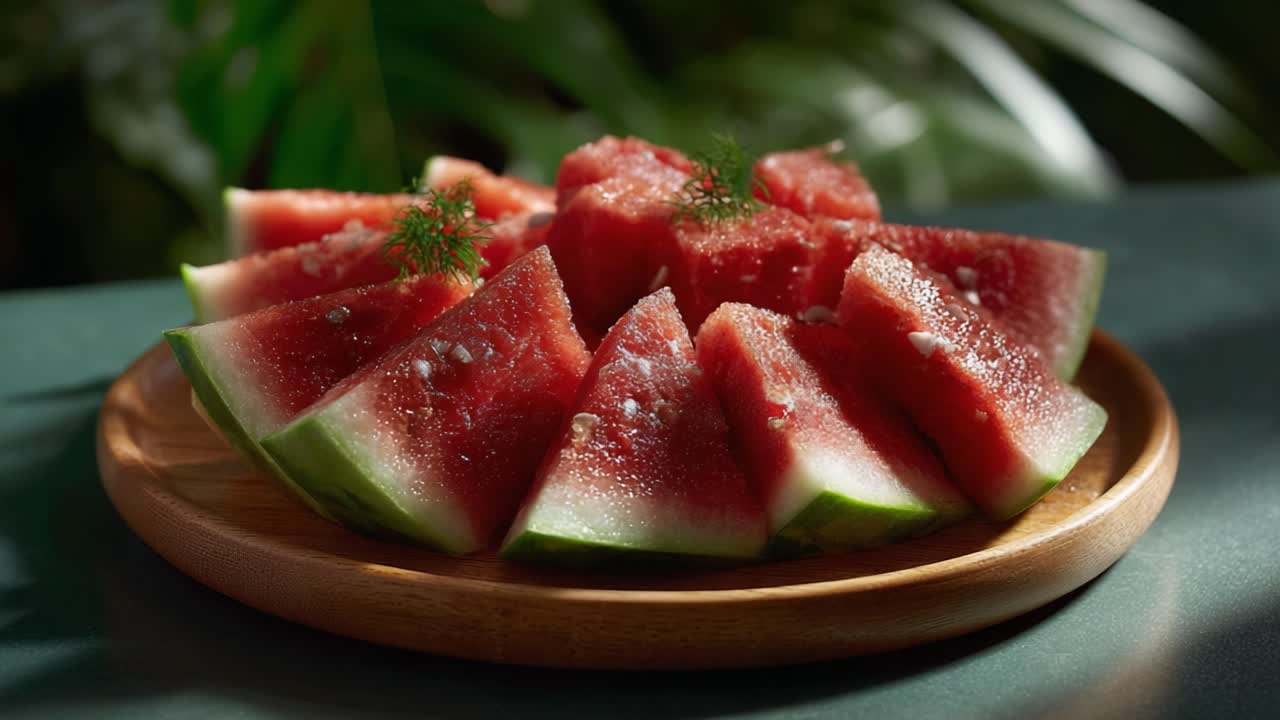 A Vibrant Arrangement of Juicy Watermelon Slices Artfully Displayed on a Wooden Plate, Surrounded by Lush Greenery for a Refreshing Summer Vibe