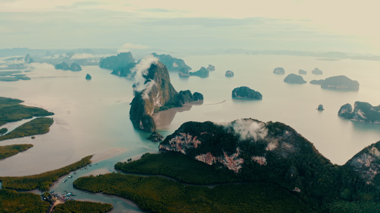 Aerial View of a Stunning Bay with Islands and Mangroves