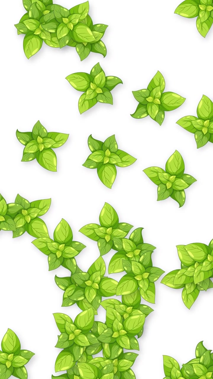 Foglie di basilico fresco e verde animate che fluttuano su sfondo bianco