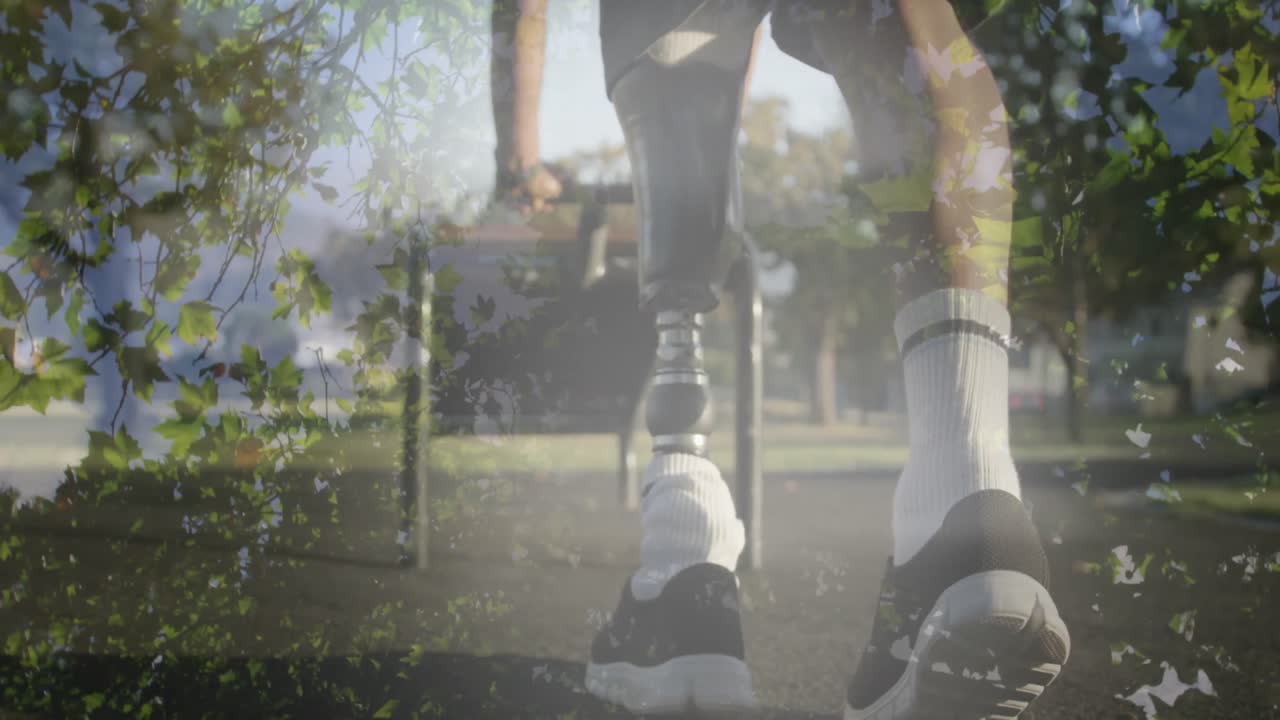 인공 다리 스트레칭을 가진 장애인 아프리카계 미국인 남자의 나무 애니메이션