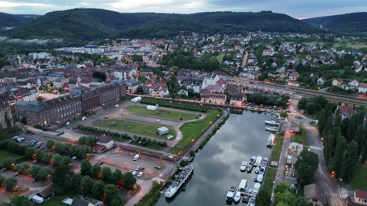 Boats moored at marina Saverne town France drone,aerial Evening view