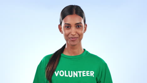 Volunteer-woman,-smile-and-studio-for-help