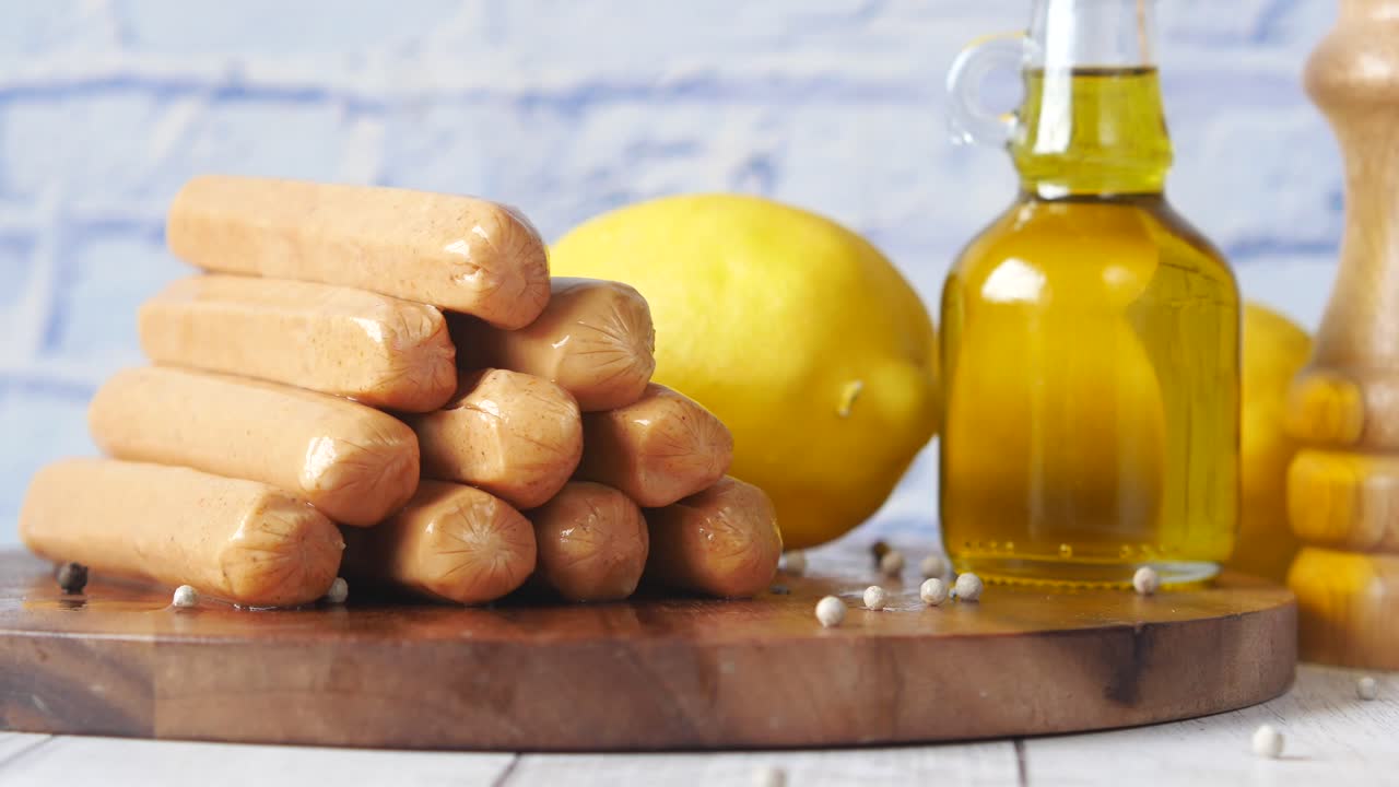 쳐진 소시지, 레몬, 올리브 오일