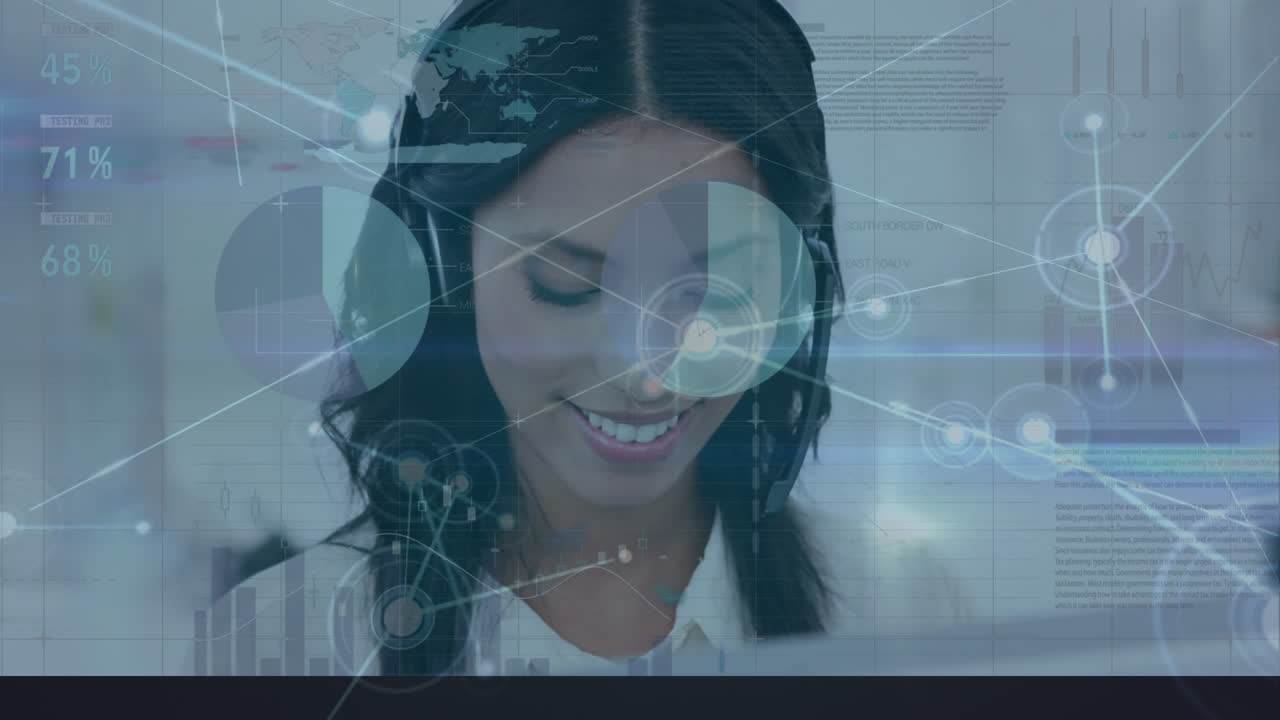 animación del procesamiento de datos sobre mujer de negocios caucásica en la oficina