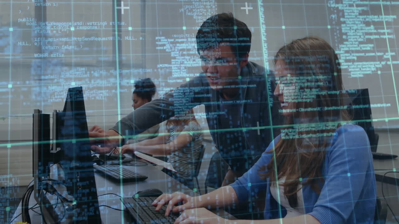 animación del procesamiento de datos sobre diversas personas de negocios en la oficina