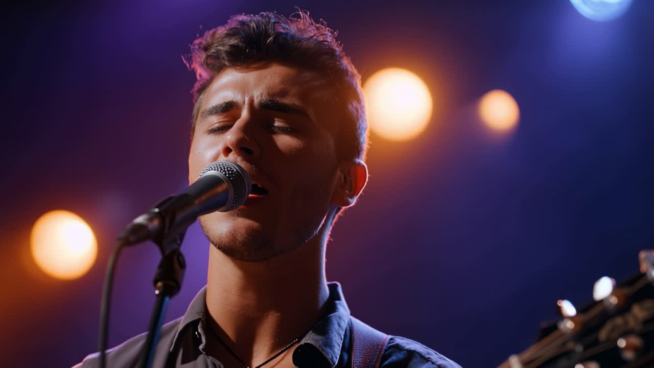Young Man Singing and Playing Guitar on Stage with Colorful Lights