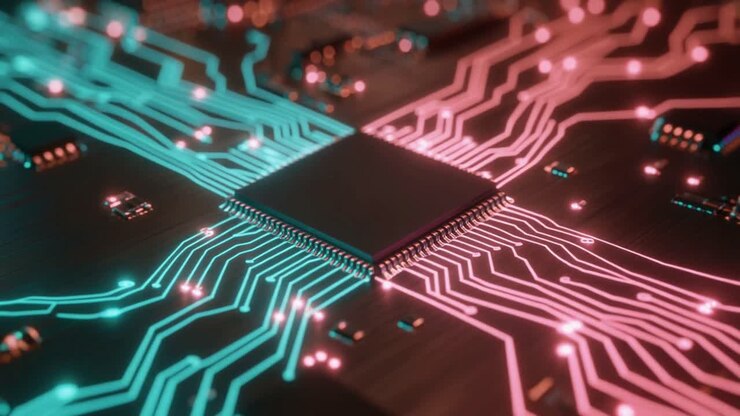 Microchip luminoso su circuito stampato con flusso di dati