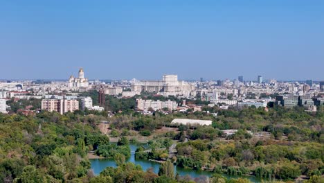 rotating aerial view over tineretului park with bucharest's cityscape in the background, romania, eastern europe