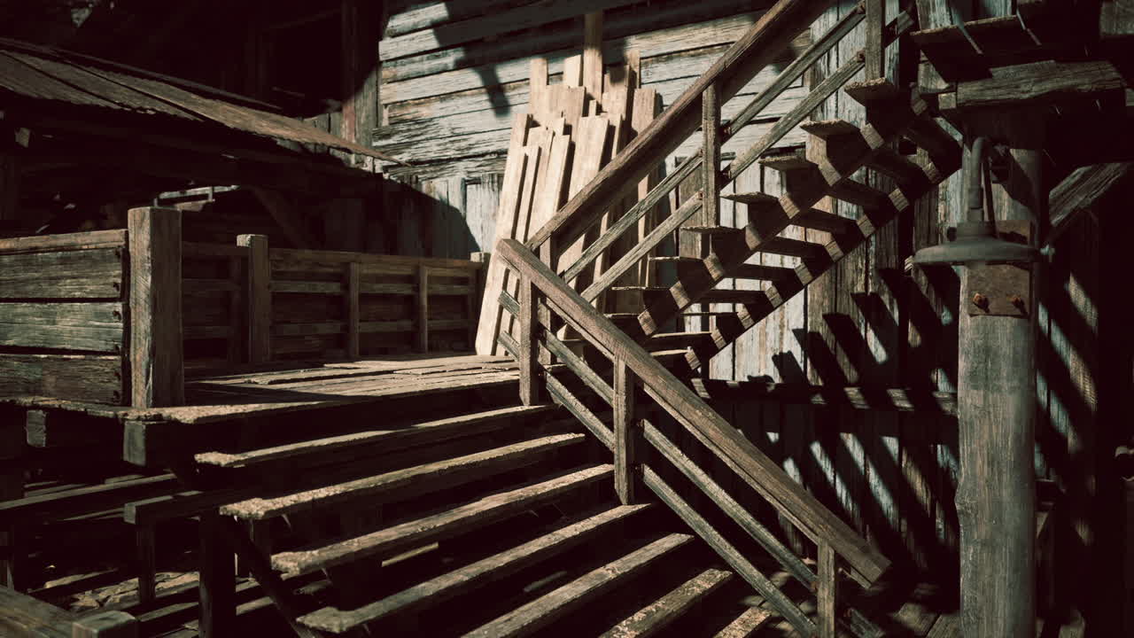 Wooden stairs intertwine at an abandoned building in the afternoon light