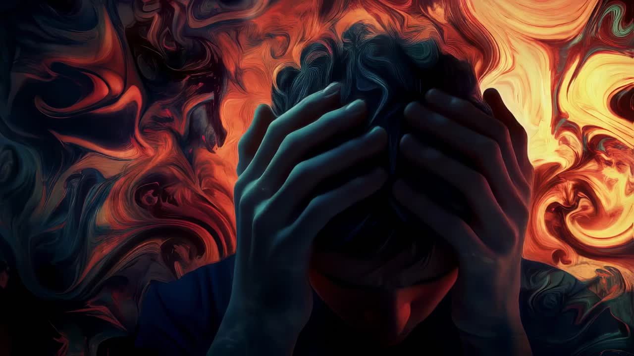 Emotional portrait of a young man suffering from mental health problems, holding his head with his hands and crying, with an abstract background