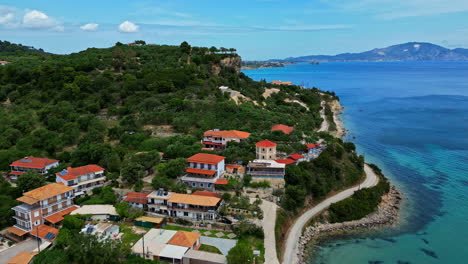 Holiday-destination-in-Greece,-Zante-beautiful-beach-coastline,-sea-aerial