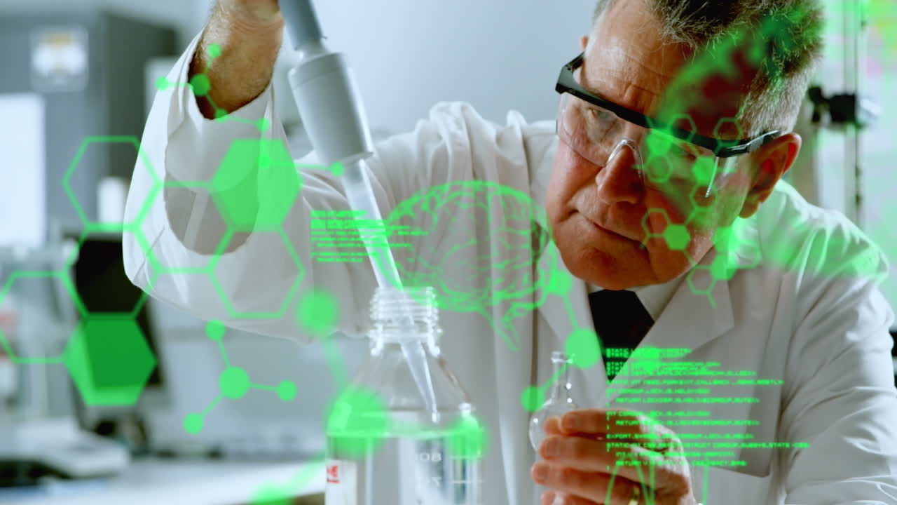 animación de procesamiento de datos médicos en un científico caucásico que realiza un experimento en el laboratorio