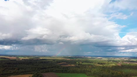 El-Arco-Iris-Sobre-El-Campo-De-Cultivo-Con-Trigo-Floreciente,-Durante-La-Primavera,-Vista-Aérea-Bajo-Nubes-Pesadas-Antes-De-La-Tormenta-6