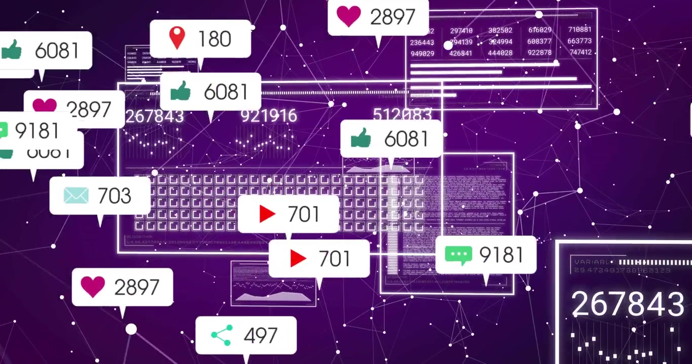 Wireframe panels fading in showing data attracting swirling icons updating fading showing growth